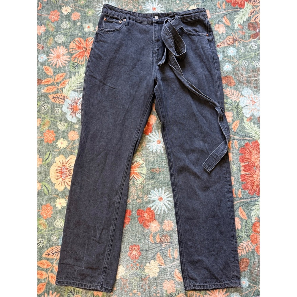 Zara Women High Waisted Straight Leg Jeans Faded Black Tie Waist Size 8